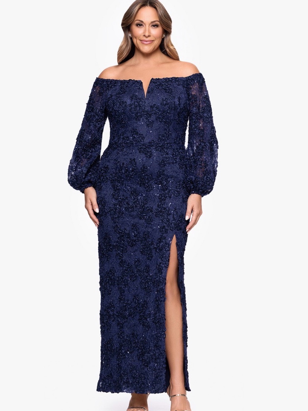XSCAPE Navy Sequin Embroidered Long Sleeve Gown Size 8P NWT